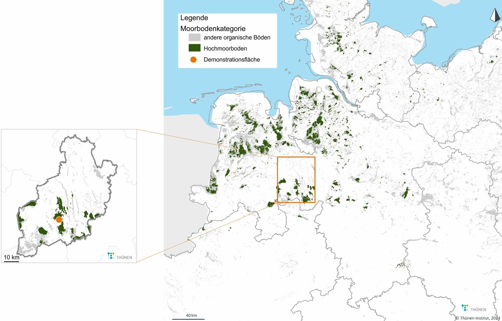 Kartenausschnitt der Moorböden in Deutschland (Quelle: Thünen Institut 2024) Kartenausschnitt der Moorböden in Deutschland (Quelle: Thünen Institut 2024)